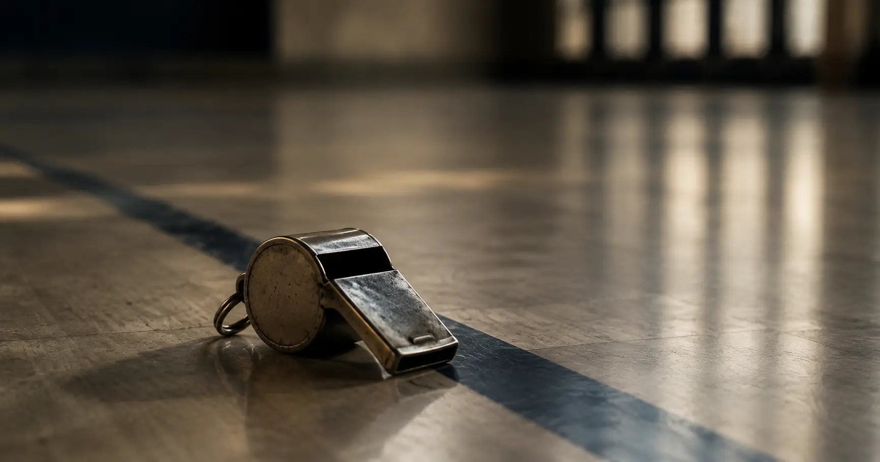 A referee's whistle left on an empty floor, an image of failing institutional trust