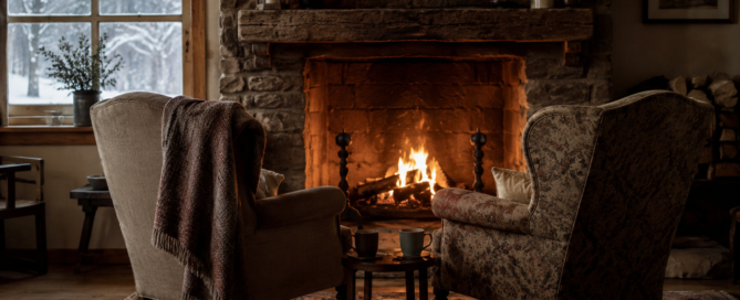 Two chairs in front of a fireplace