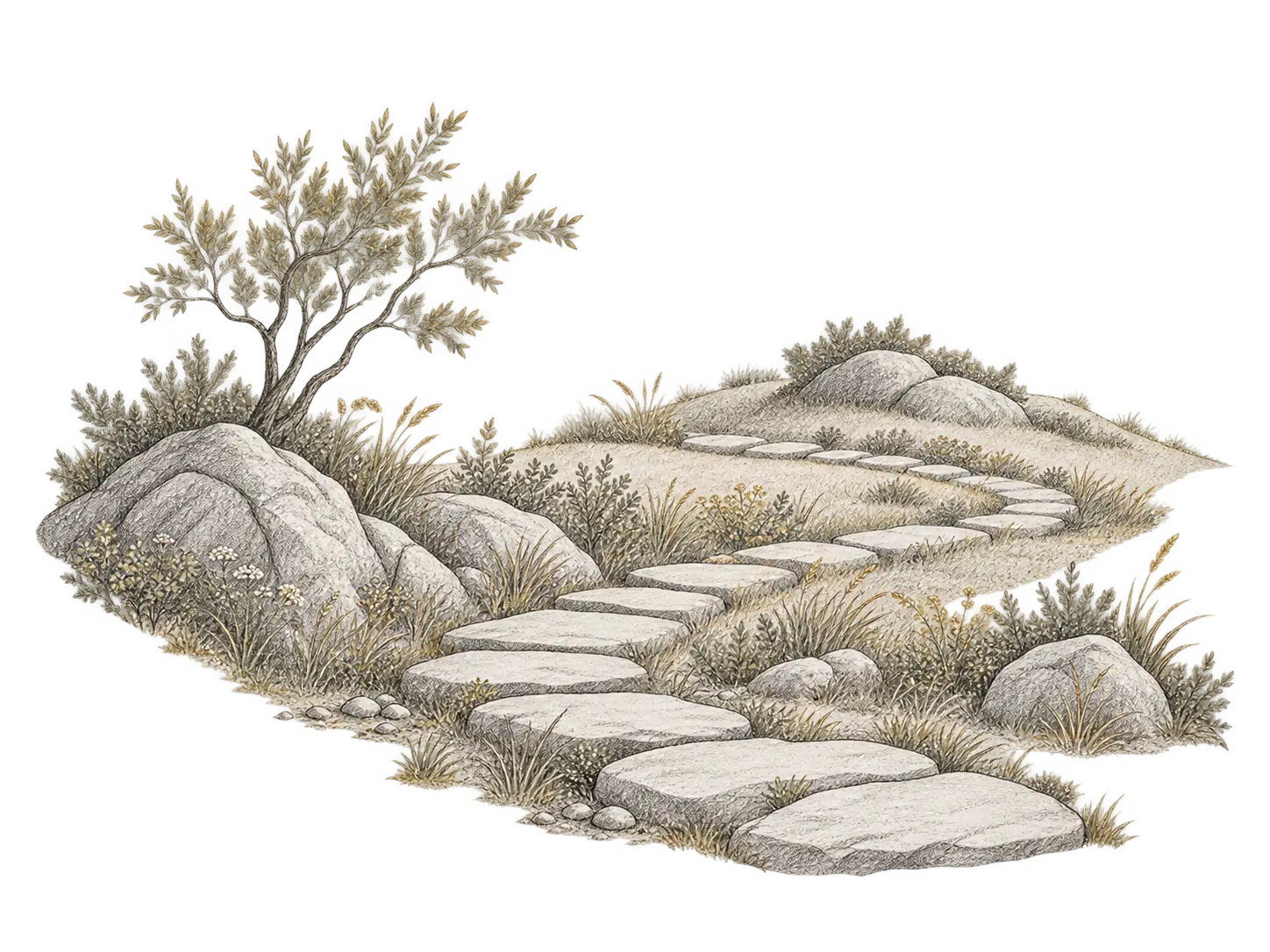Winding stone path through nature