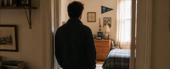 Adult standing in the doorway of a childhood bedroom, reflecting on the place and experiences that helped shape their identity.