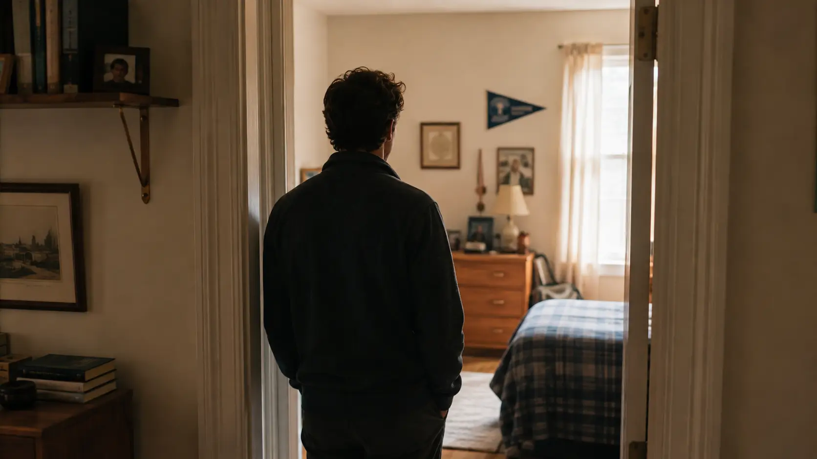 Adult standing in the doorway of a childhood bedroom, reflecting on the place and experiences that helped shape their identity.