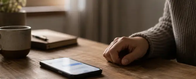 Smartphone with a text conversation resting on a wooden table beside a person pausing before responding.