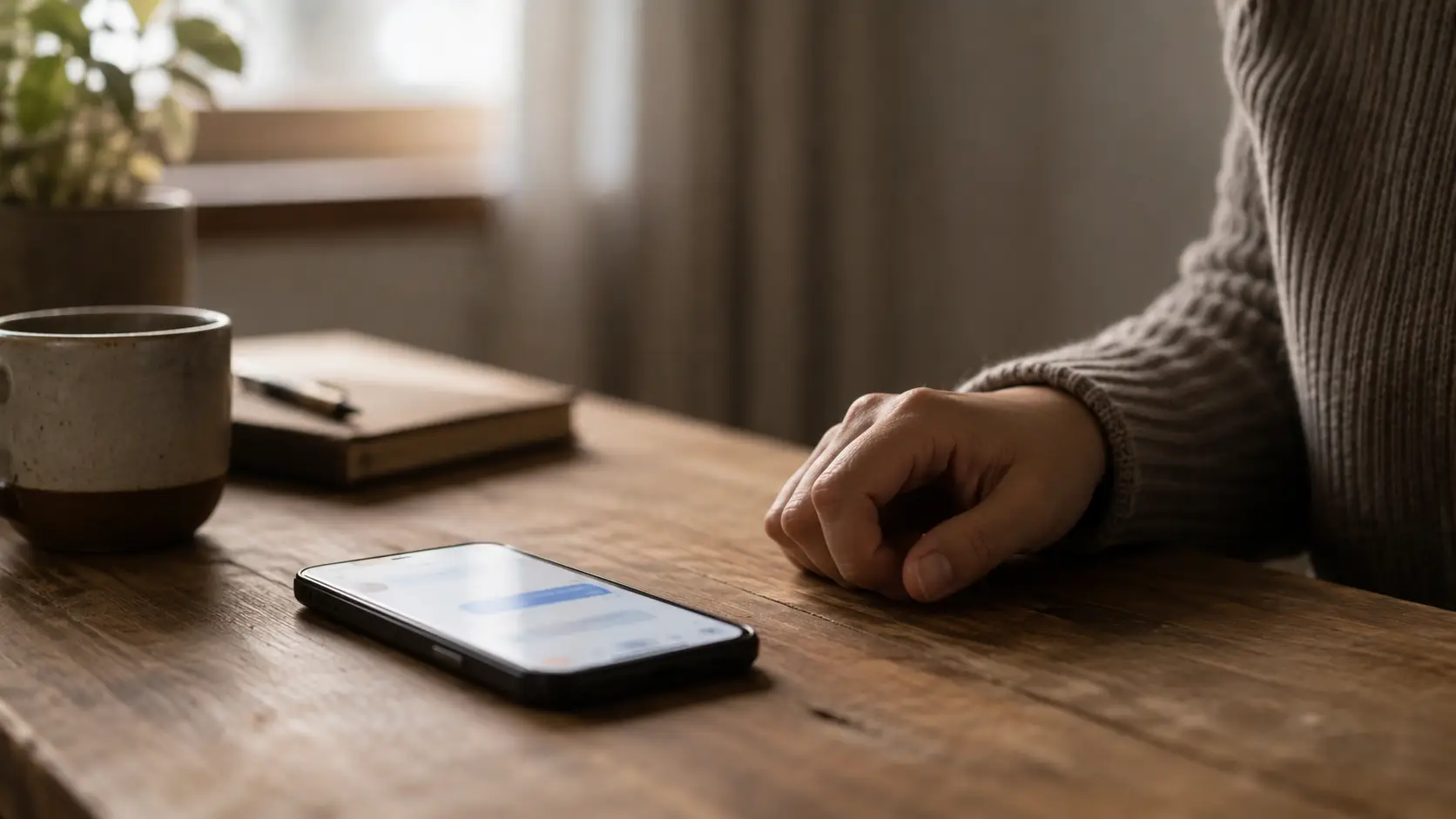 Smartphone with a text conversation resting on a wooden table beside a person pausing before responding.