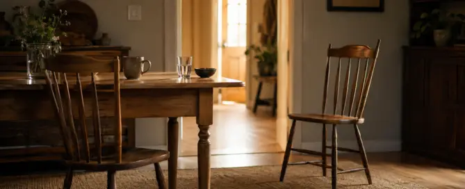 Two wooden chairs pulled apart from a dining table after a difficult conversation, with warm light visible through an open doorway.