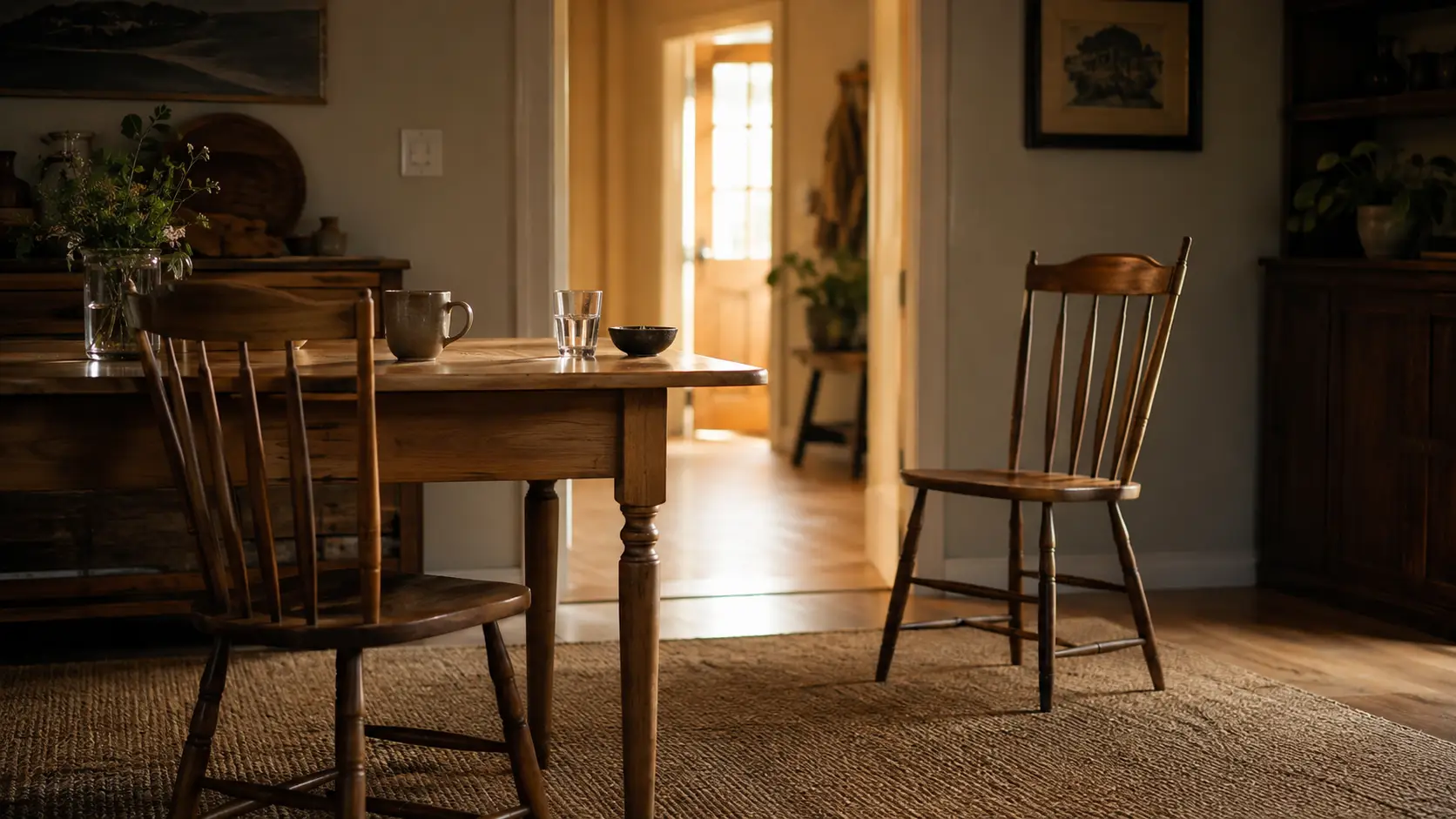 Two wooden chairs pulled apart from a dining table after a difficult conversation, with warm light visible through an open doorway.